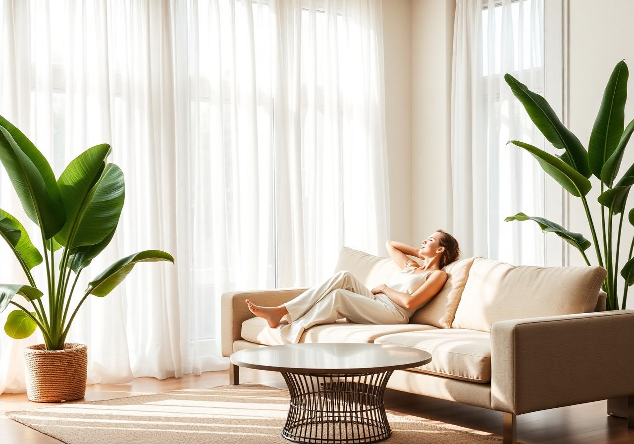 A host relaxing in a bright, plant-filled living room